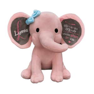 knuffel olifant roze met naam & geboorte gegevens Lyanne
